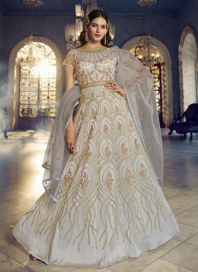 Off White Colour Swagat Voilet New Latest Designer Party Wear Butterfly Net Long Anarkali Suit Collection 5405